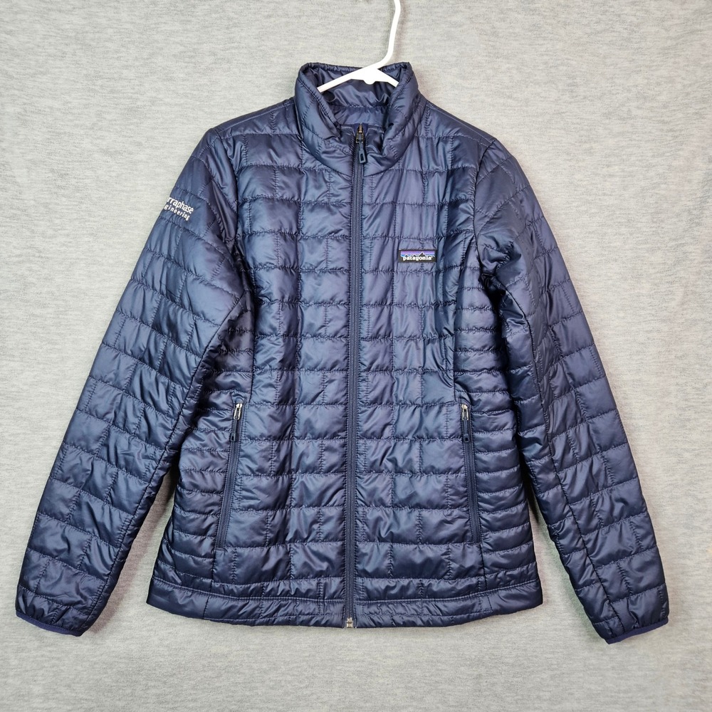 Patagonia Nano Puff Jacket Navy Blue Womens M Quilted Puffer Company Logo